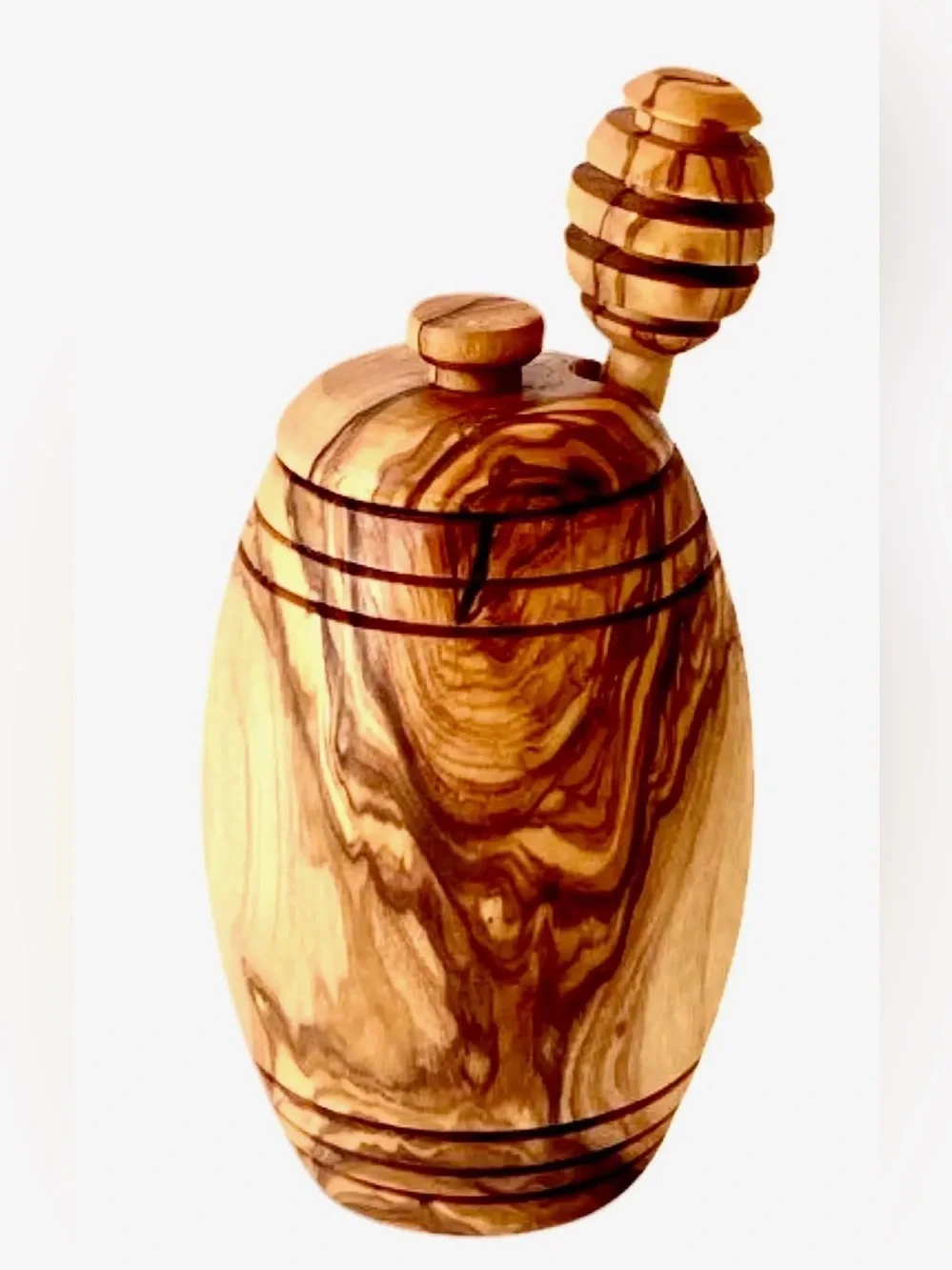 Handcrafted Olive Wood Honey Jar and Dipper - Natural Brown 6.5” x 3,5”